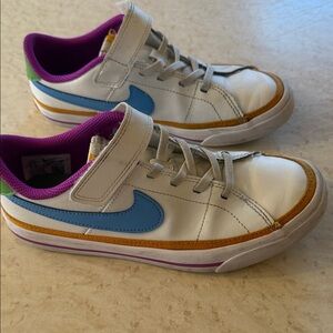 Nike Kids White Sneakers with Blue Swoosh and Purple Lining